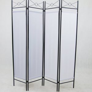 4 Panel White Color Metal and Woven Fabric Room Divider with Two Way Hinges, by Legacy Decor